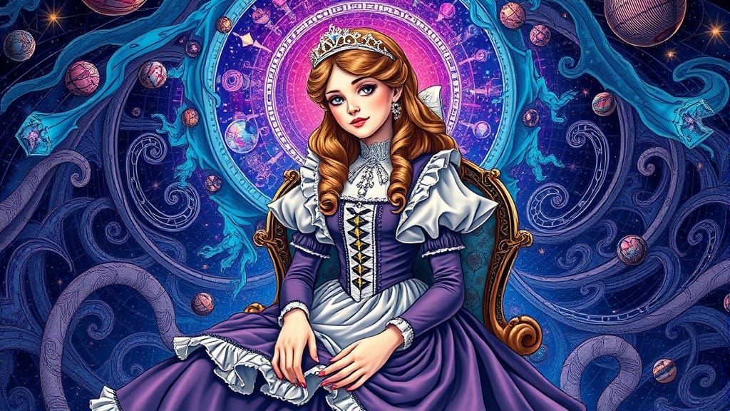 Alice in Victorian Dress Amidst Cosmic Patterns