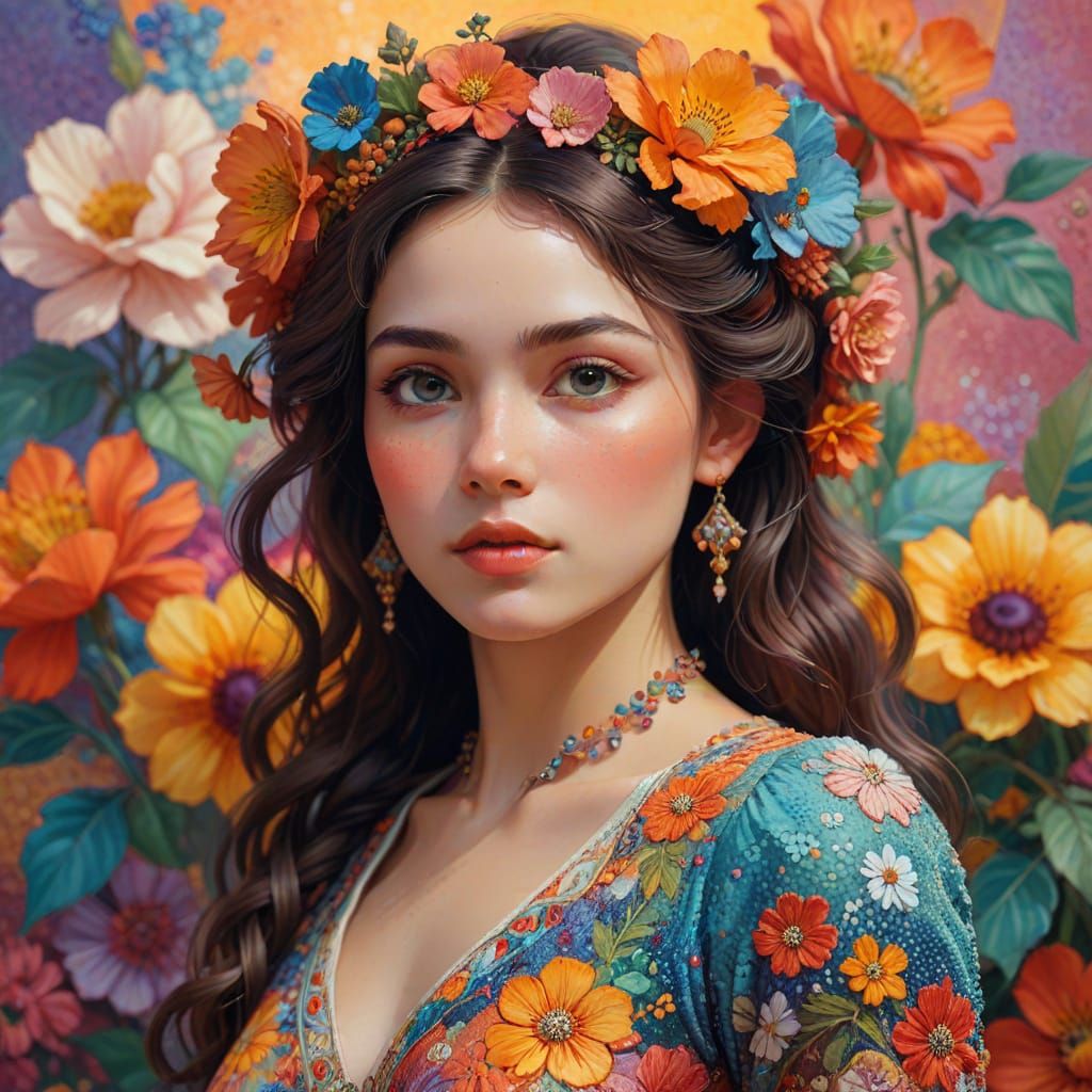 Floral Lady Portrait with Pointillism Textures