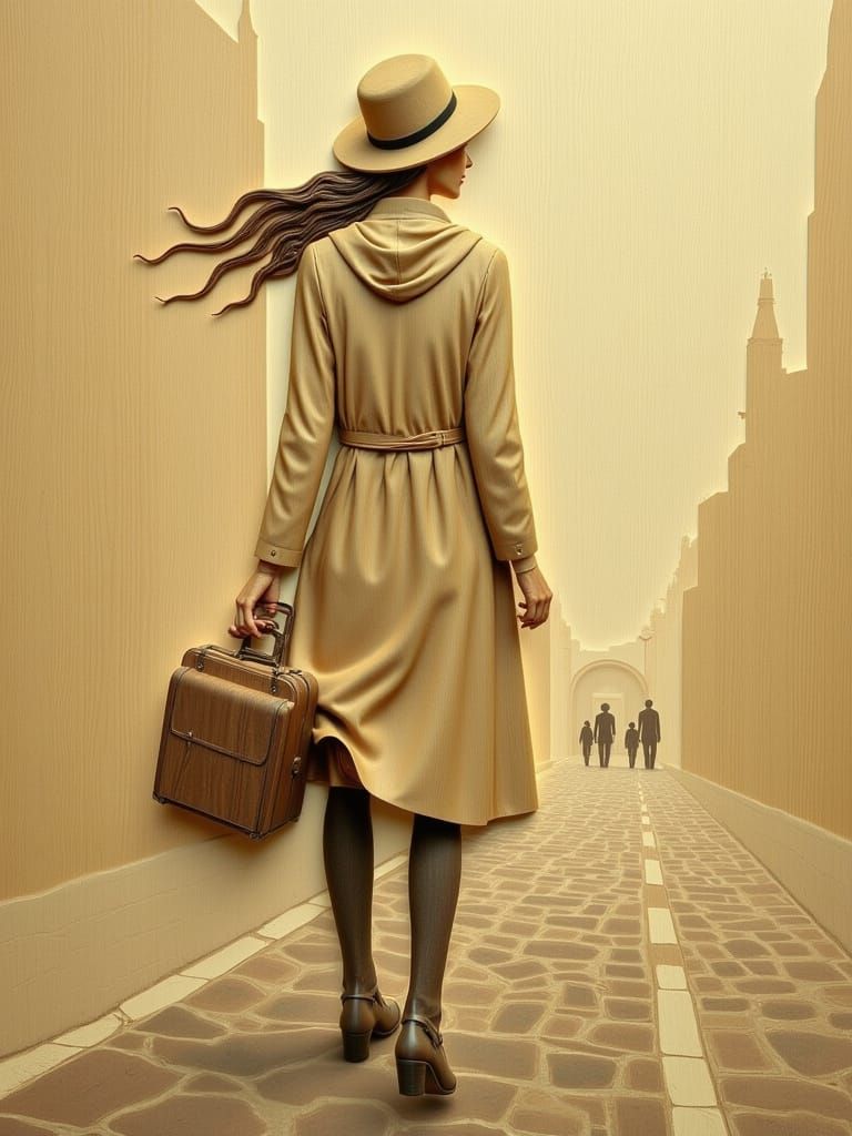 Woman with Vintage Suitcase in Oil Painting Style