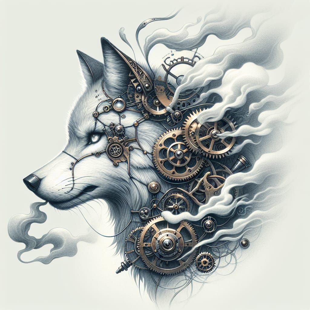 Steampunk Wolf with Gears and Brass Details