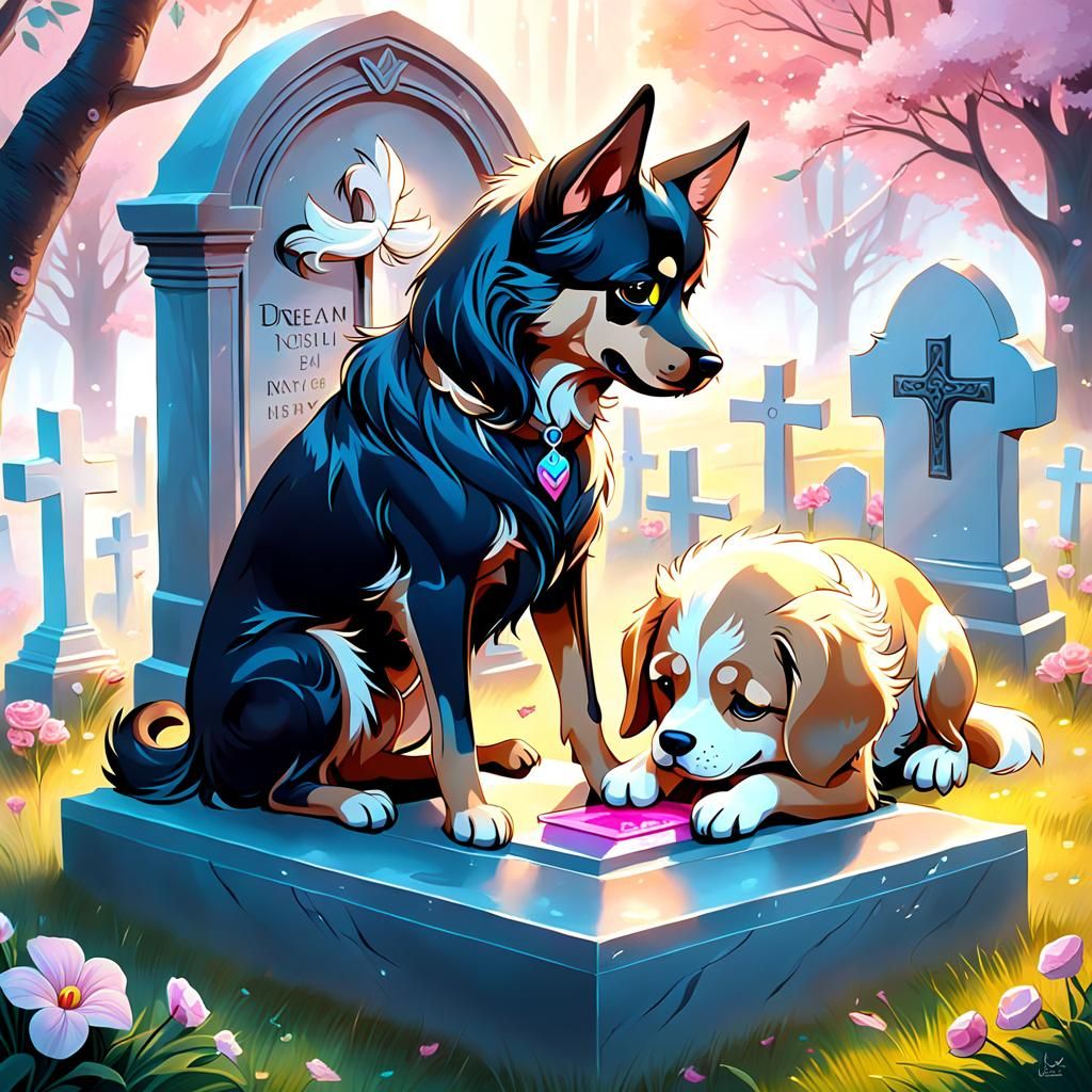 Dog Crying at Grave: Dreamlike Pastel Digital Art