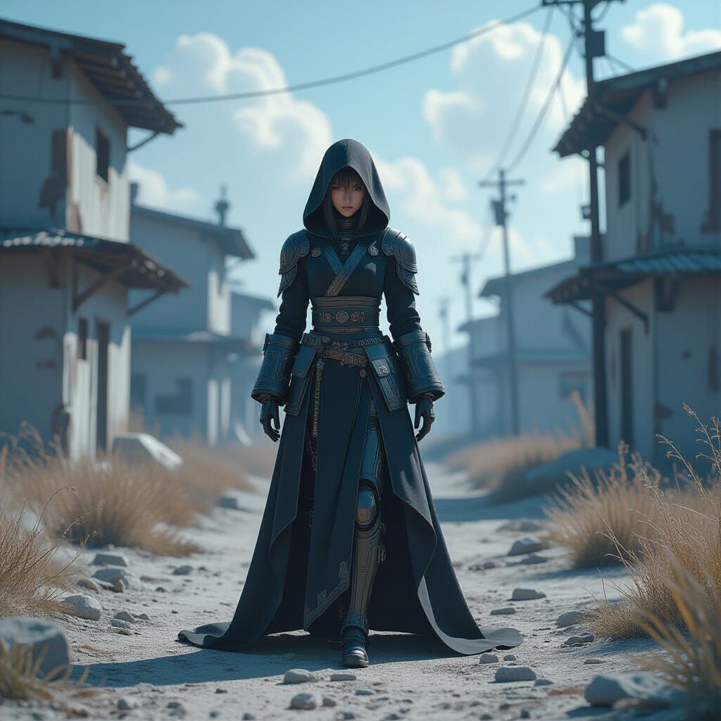 Melancholy Cyborg Figure in Anime-Style Landscape