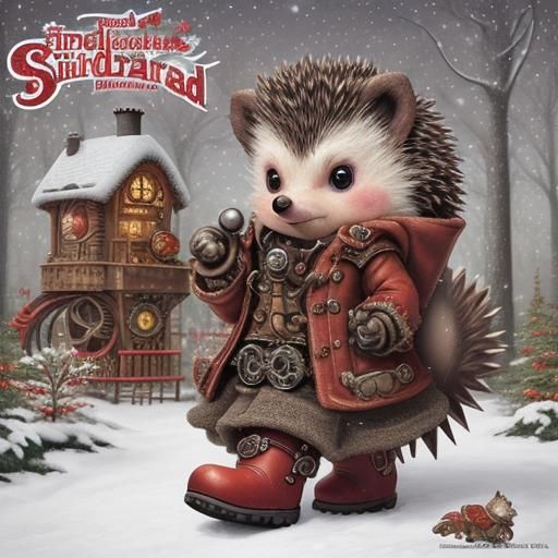 Cute hedgehog with chibi eyes wears red boots and wandering through a winterwonderland park very detailed fine lined