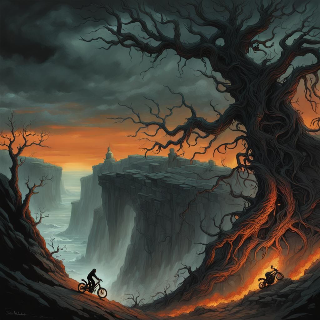 Harley on Cliffside: Dark Fantasy Illustration