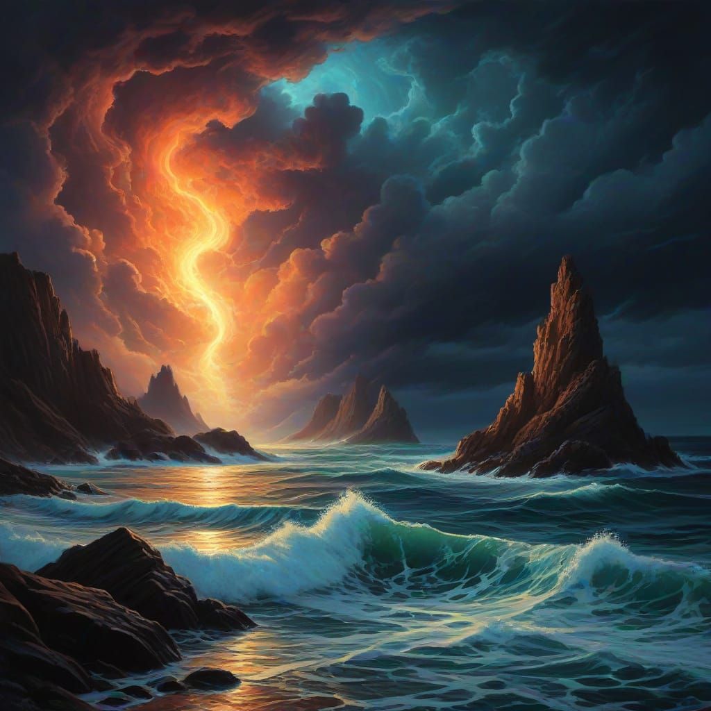 Divine Finger Controls Ocean Tides in Gouache Masterpiece