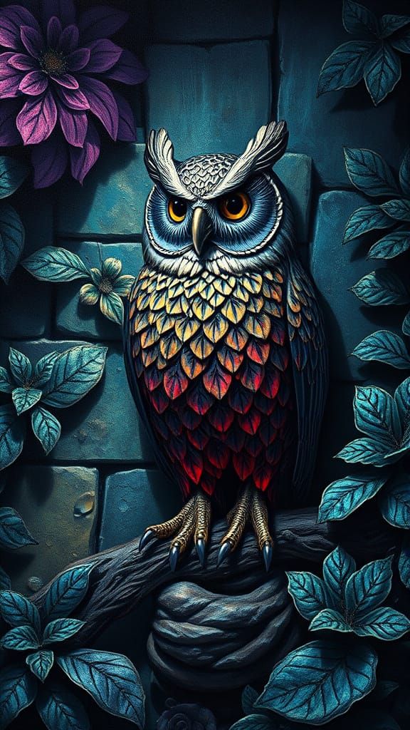 Pewter Owl Sitting in the Shadows of a Garden Wall Moebius c...