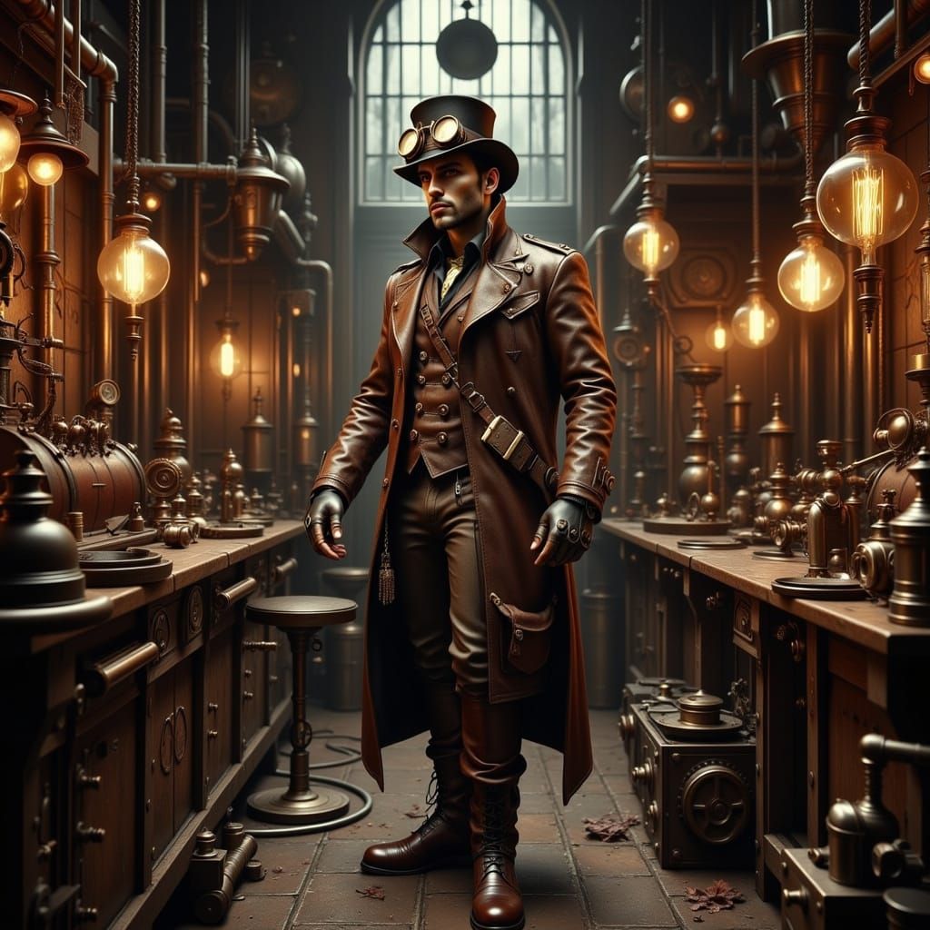 Steampunk Inventor in Gear-Filled Workshop