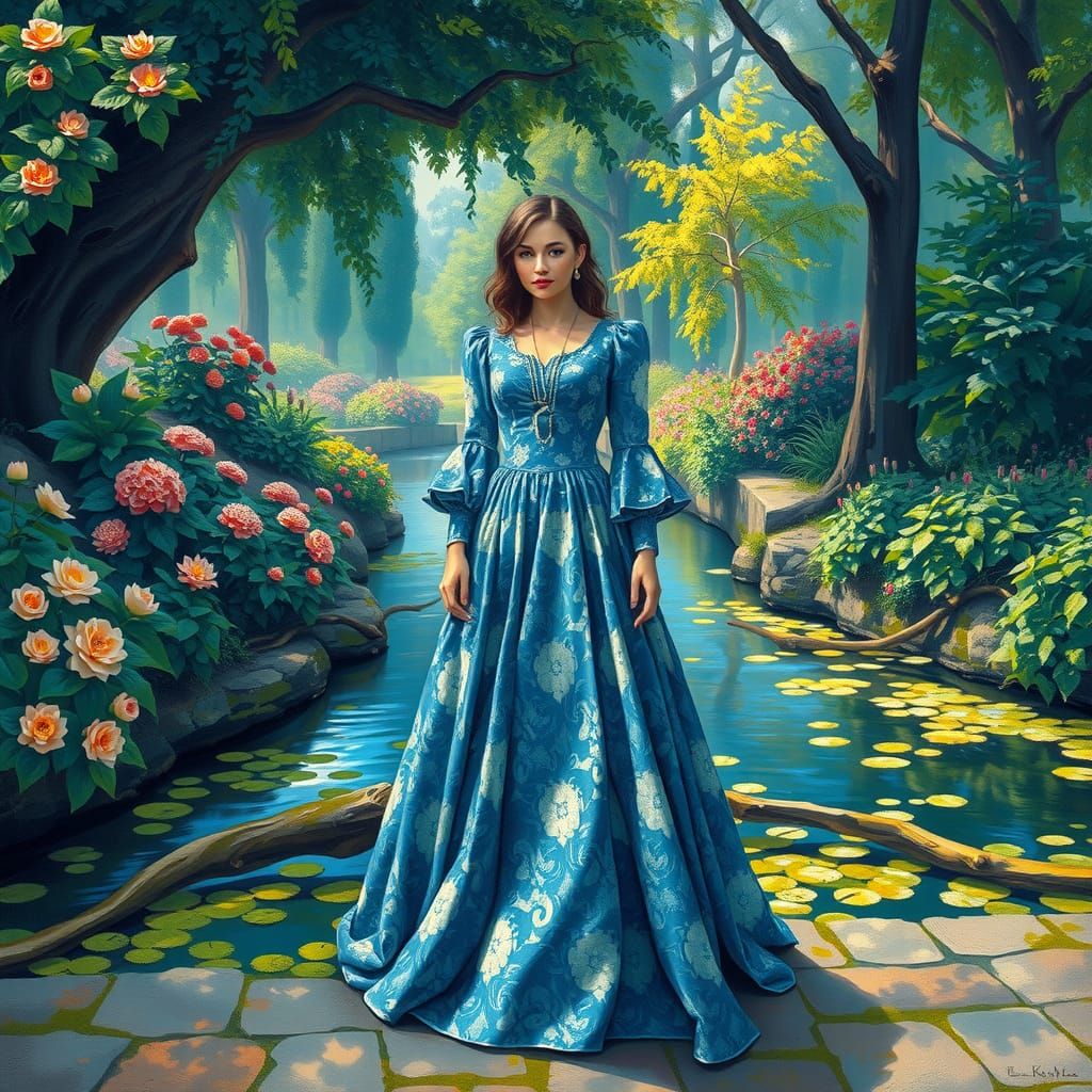 Impressionist oil painting of a lady in a Victorian dress