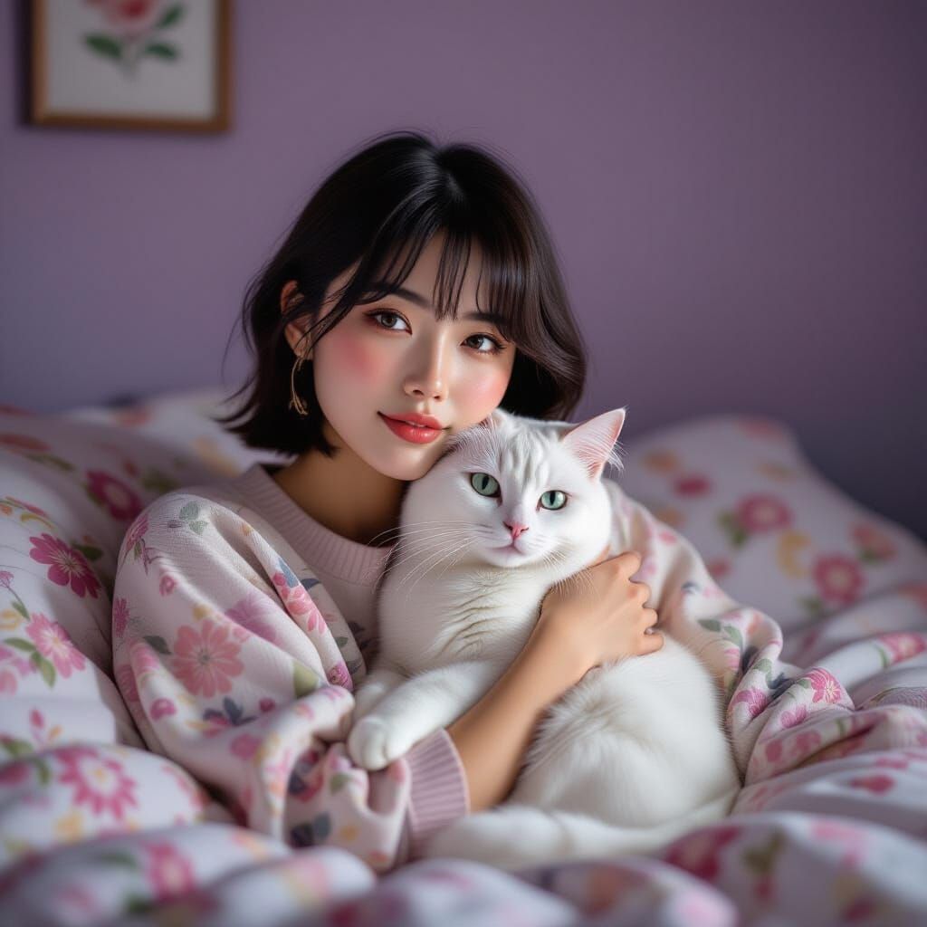 Melancholy Woman Cradles Cat in Dreamlike Bedroom