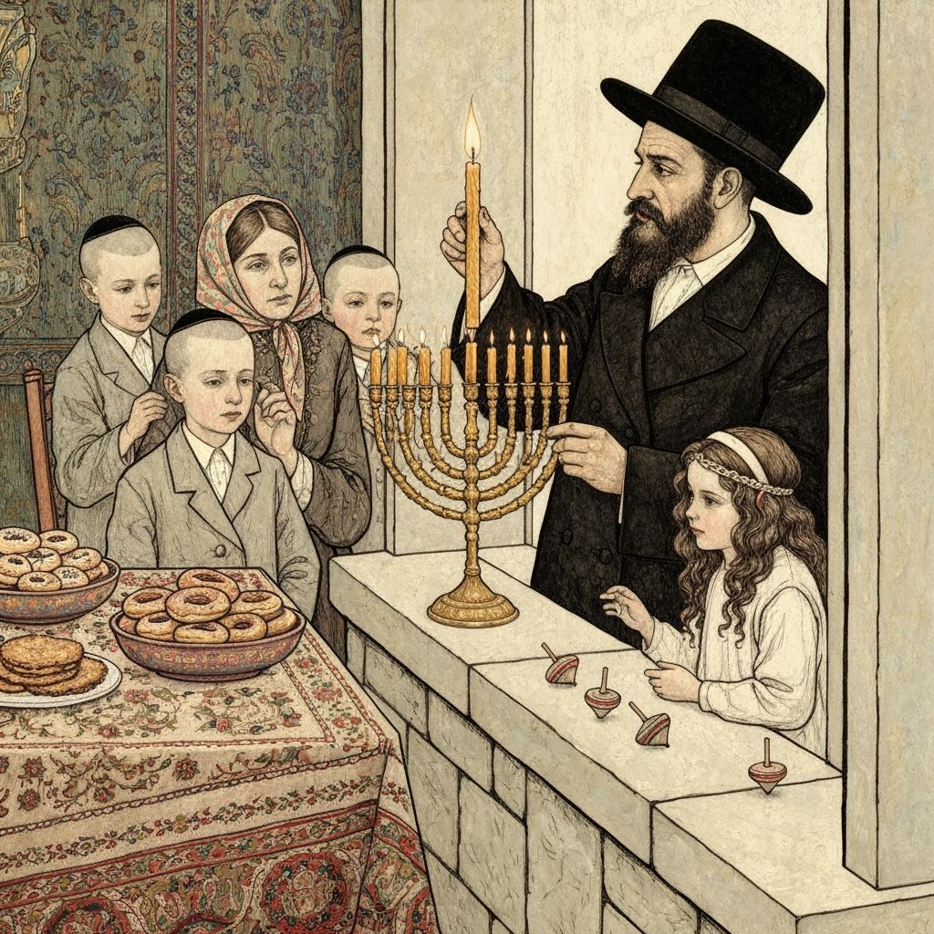Chasidic Father Lights Chanukah Candles with Family