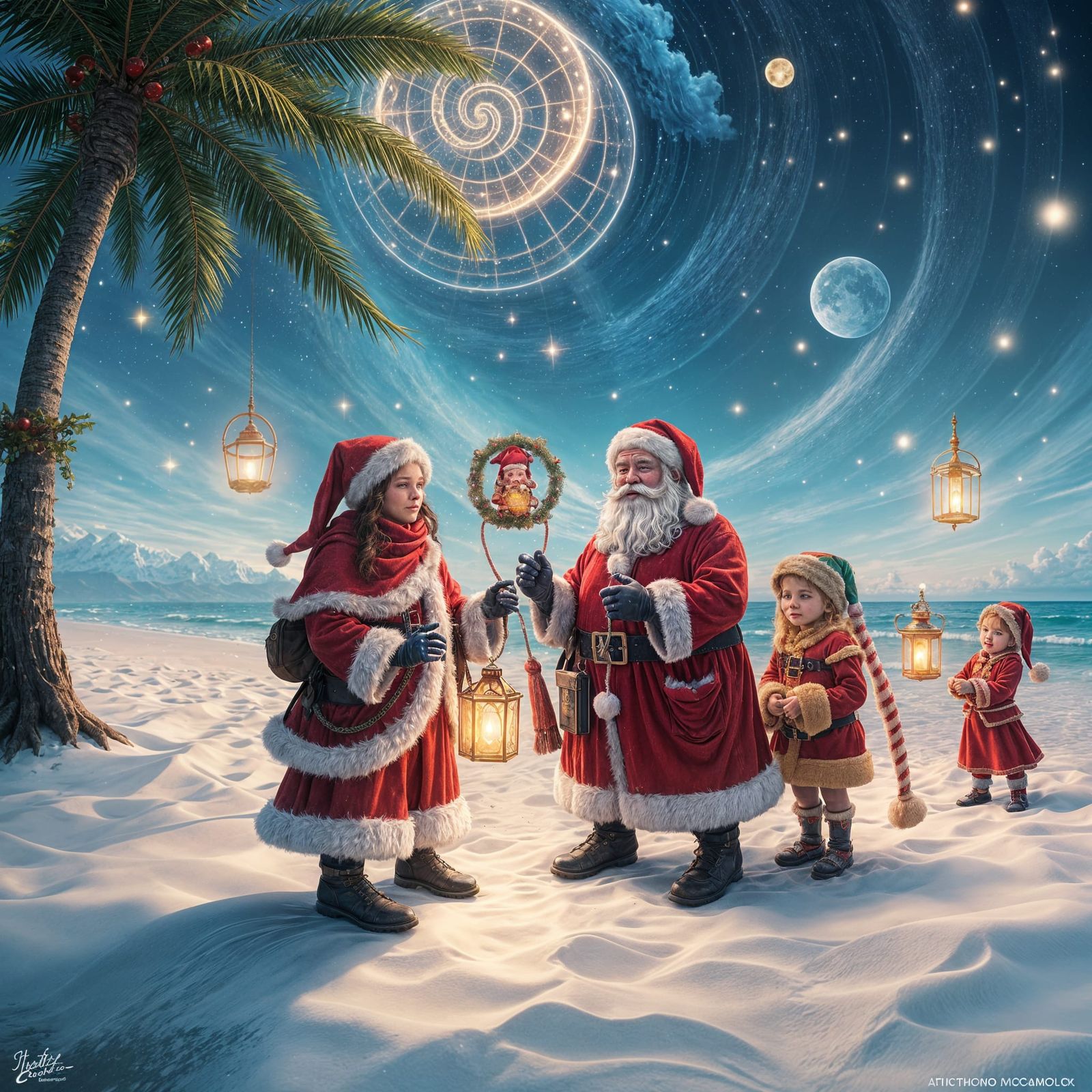 Santa's Winter Beach Getaway in Vibrant, Cosmic Style