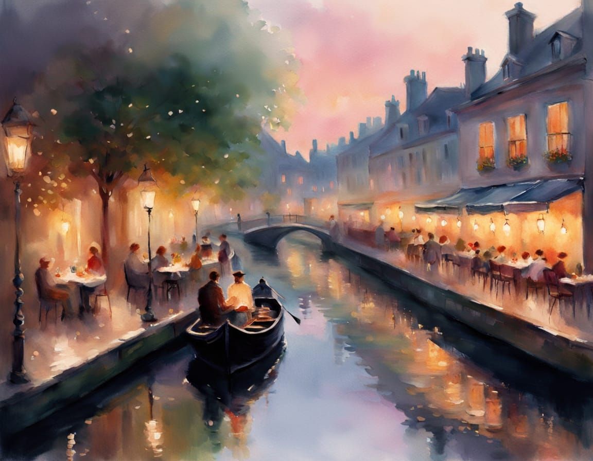 Dutch Canal at Sunset Impressionistic Watercolor