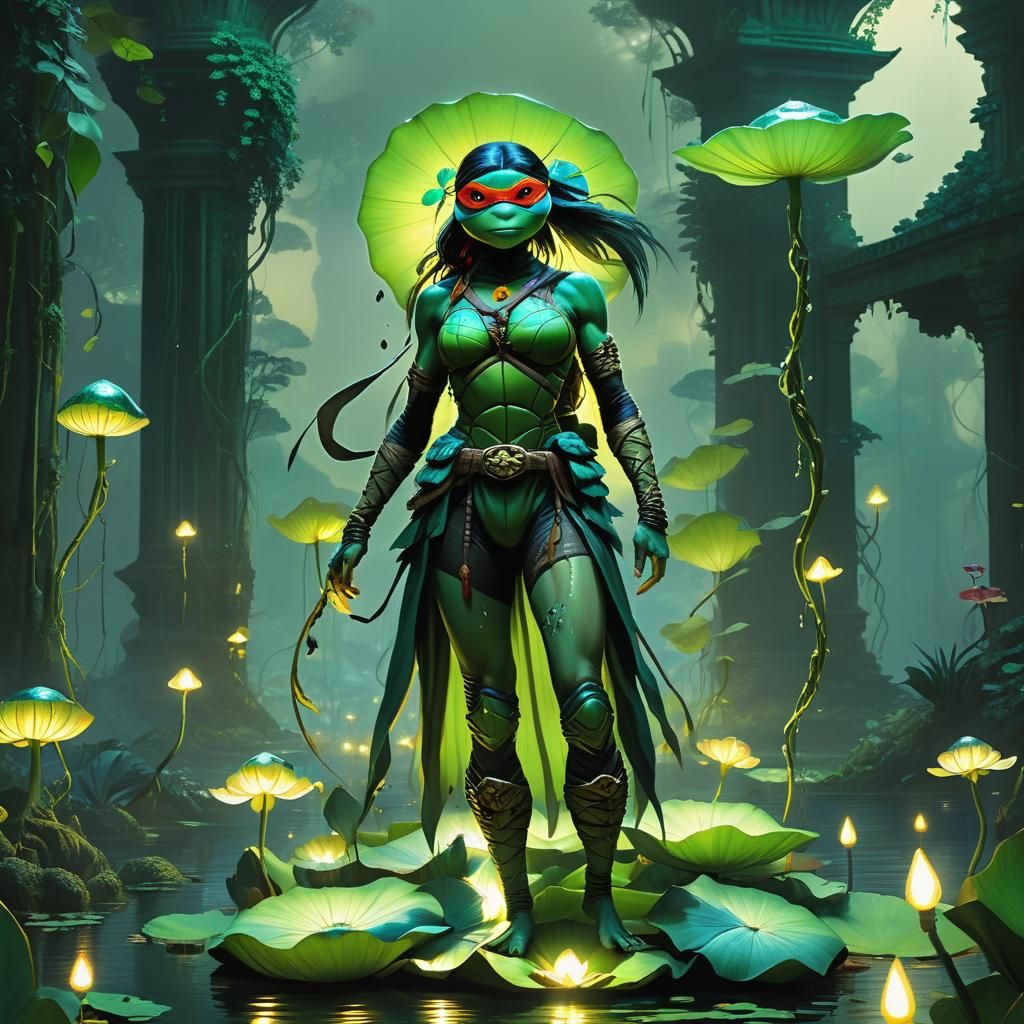 Ninja Turtle Girl in Surrealist Jungle Concept Art