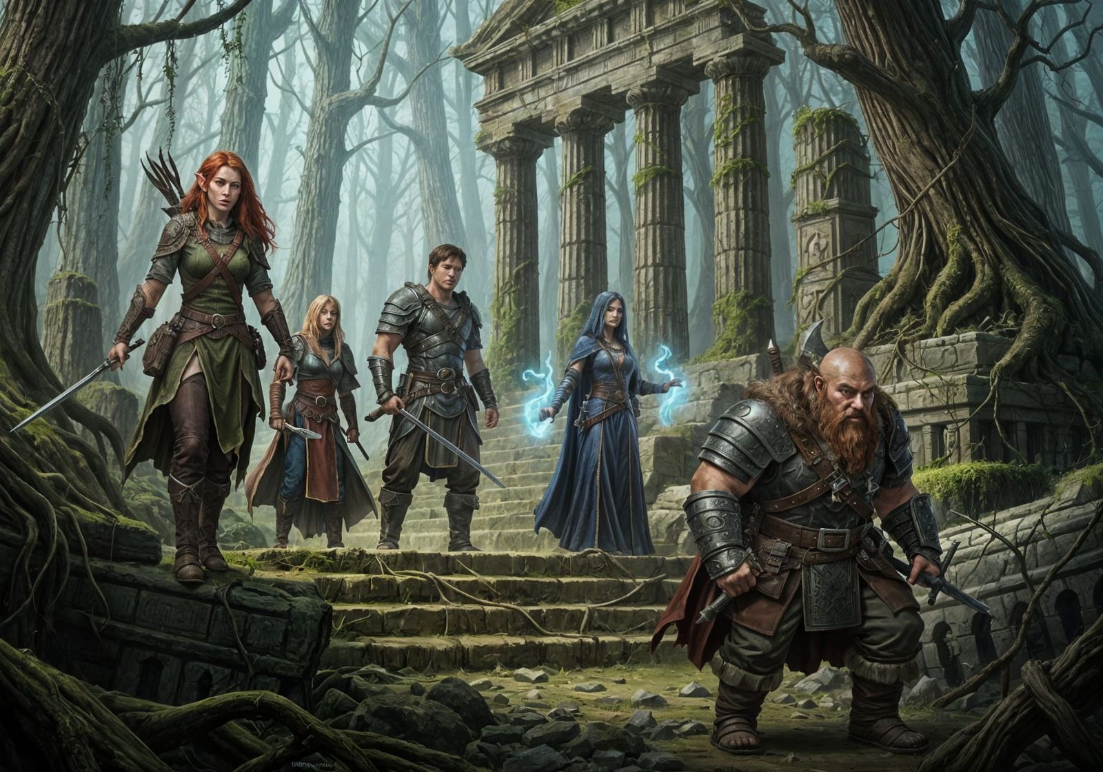 Adventurers Explore Ruins in Dark Fantasy Style