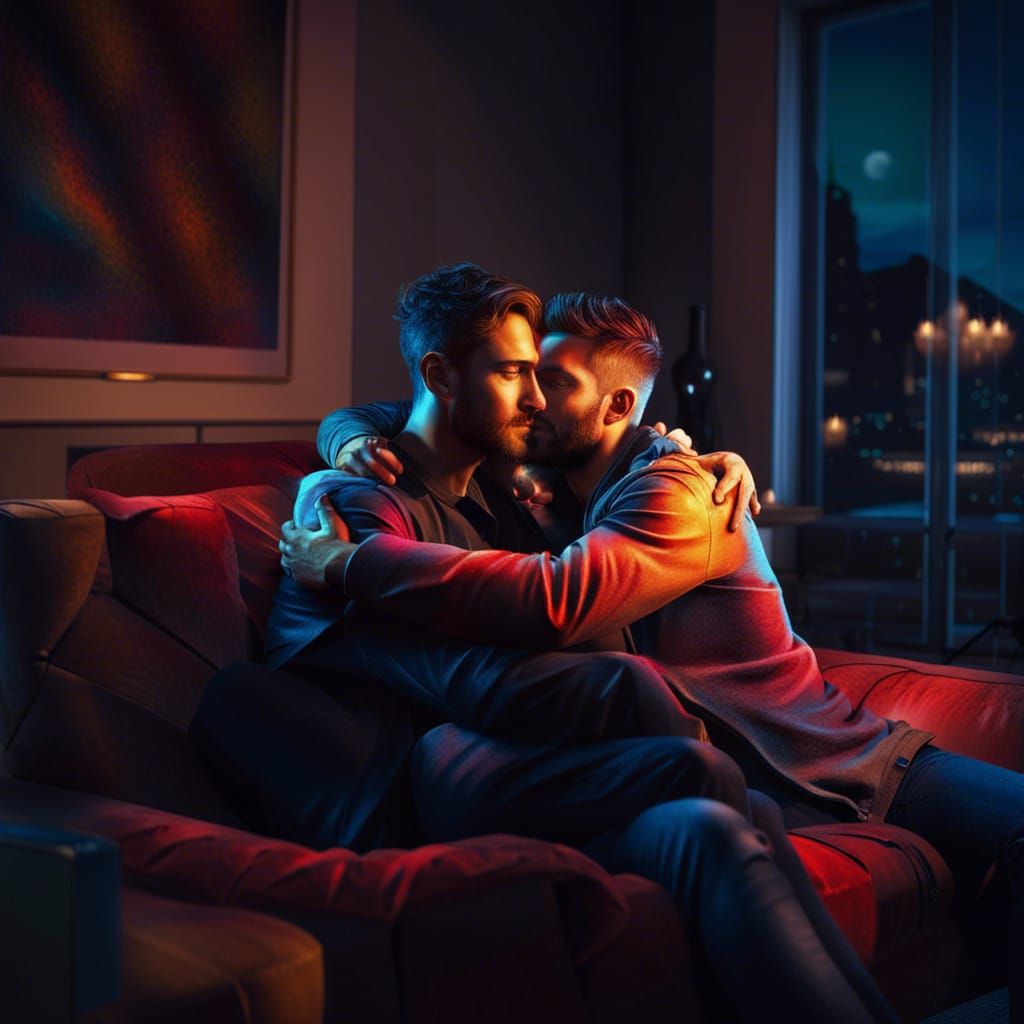 Intimate Moment: Male Couple Hugging at Night
