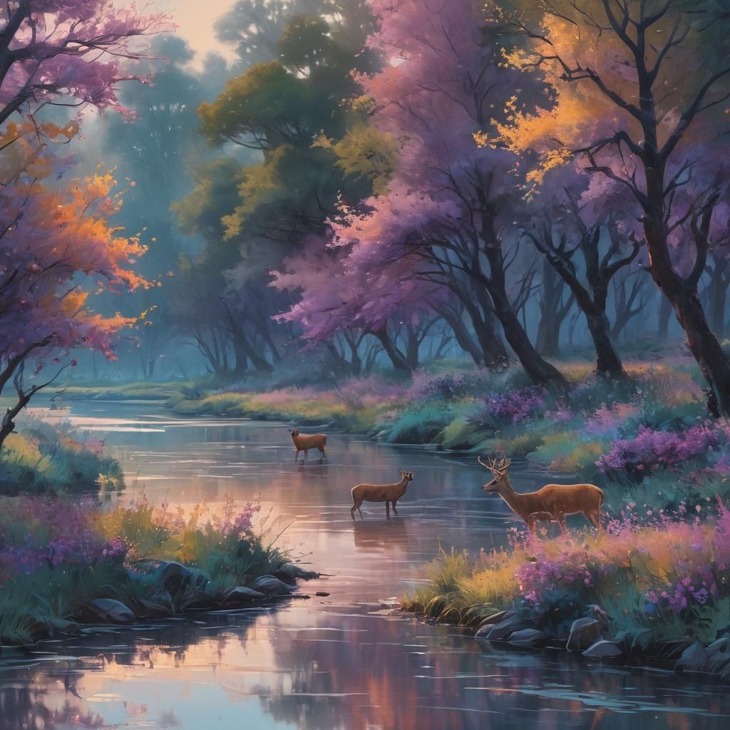 River Scene with Deer in Ukiyo-e Style