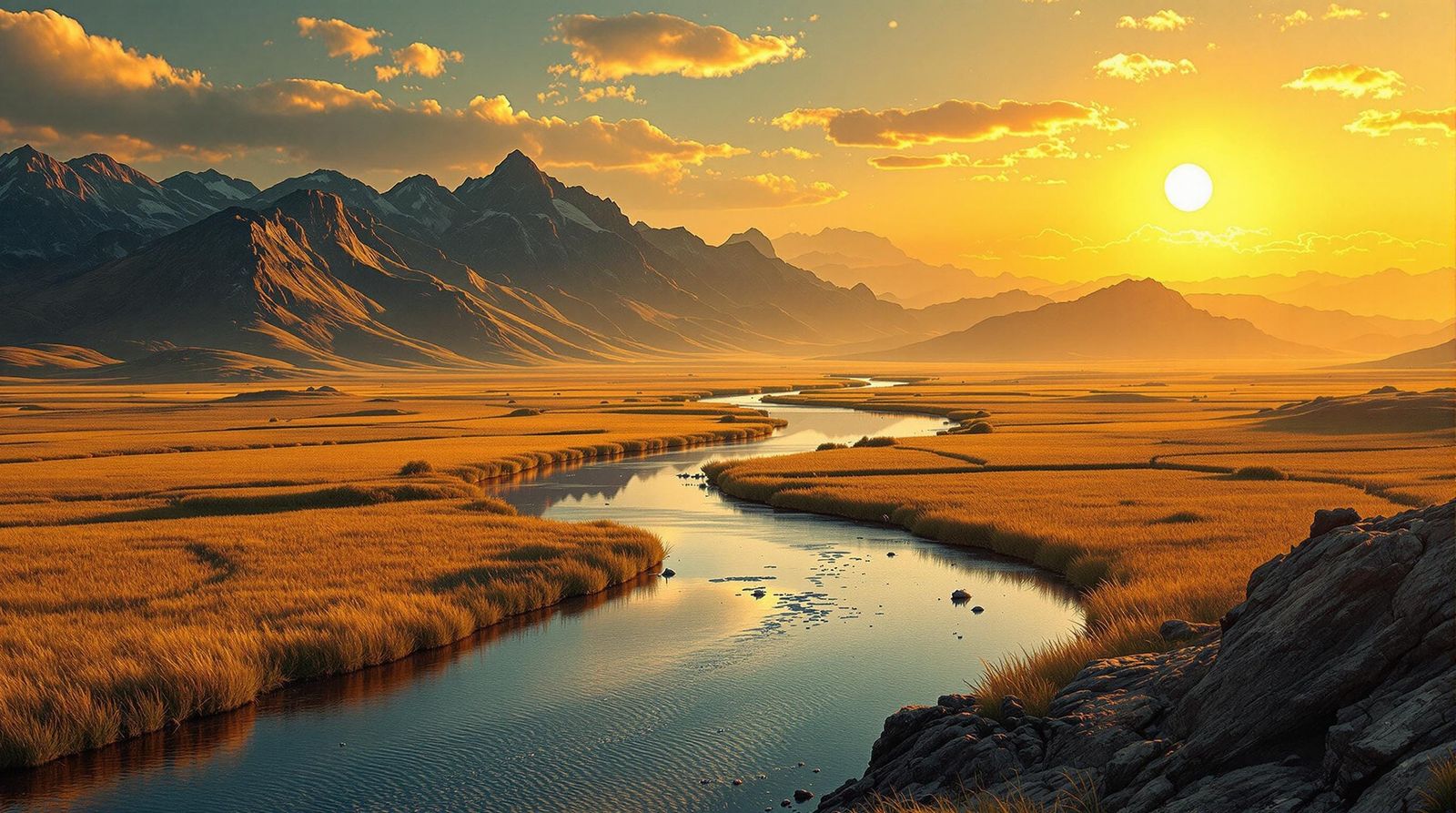 Golden Planet Landscape with Reflective Mountains