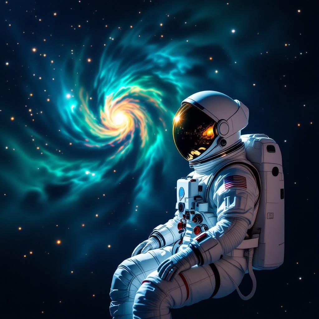 Astronaut Contemplates Swirling Nebula in Space