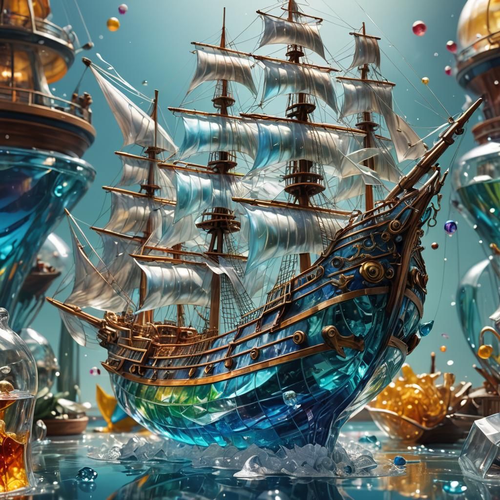 Hyperrealistic Glass Ship and Sailors