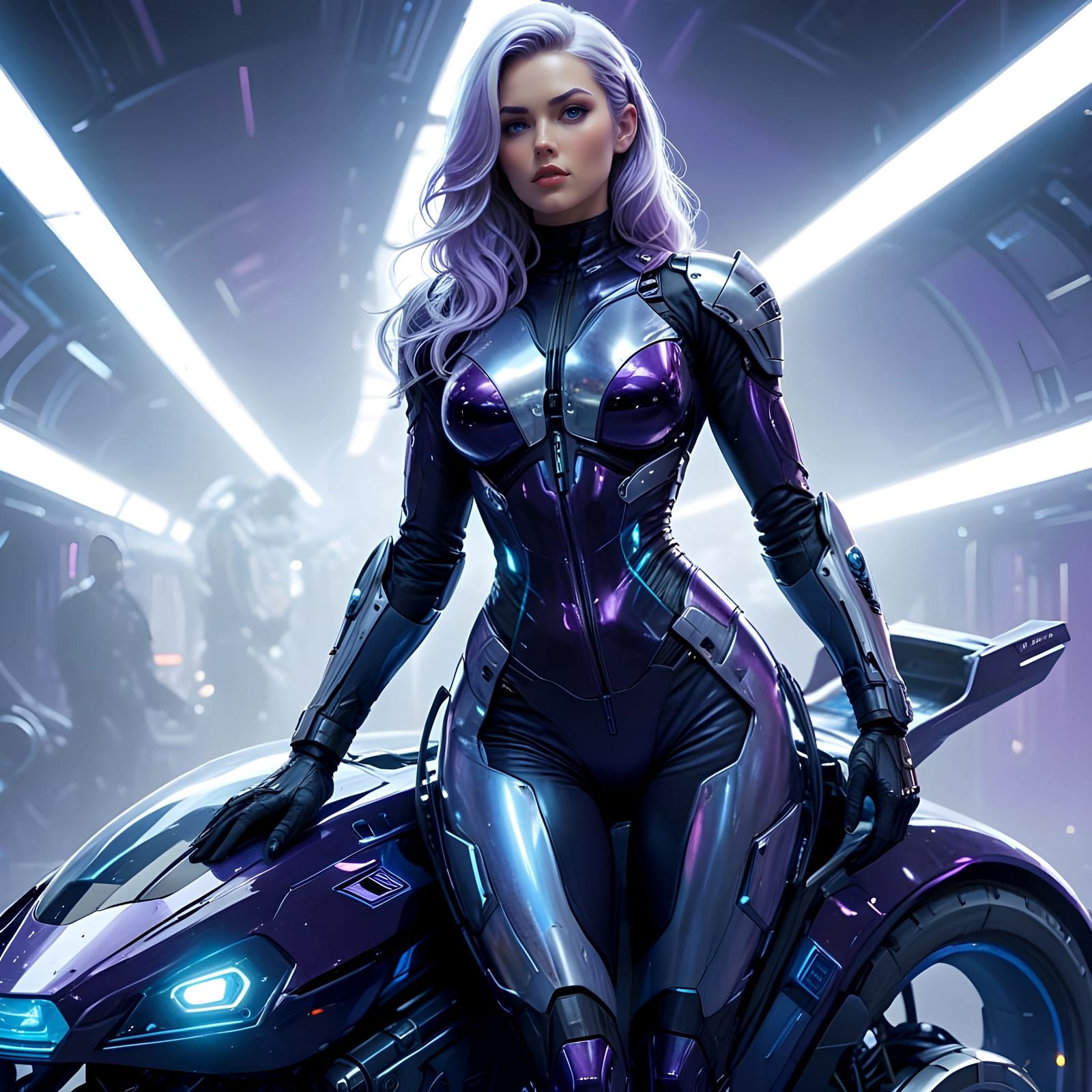 Platinum Blonde Mechanic on Hoverbike in Sci-Fi Comic Style