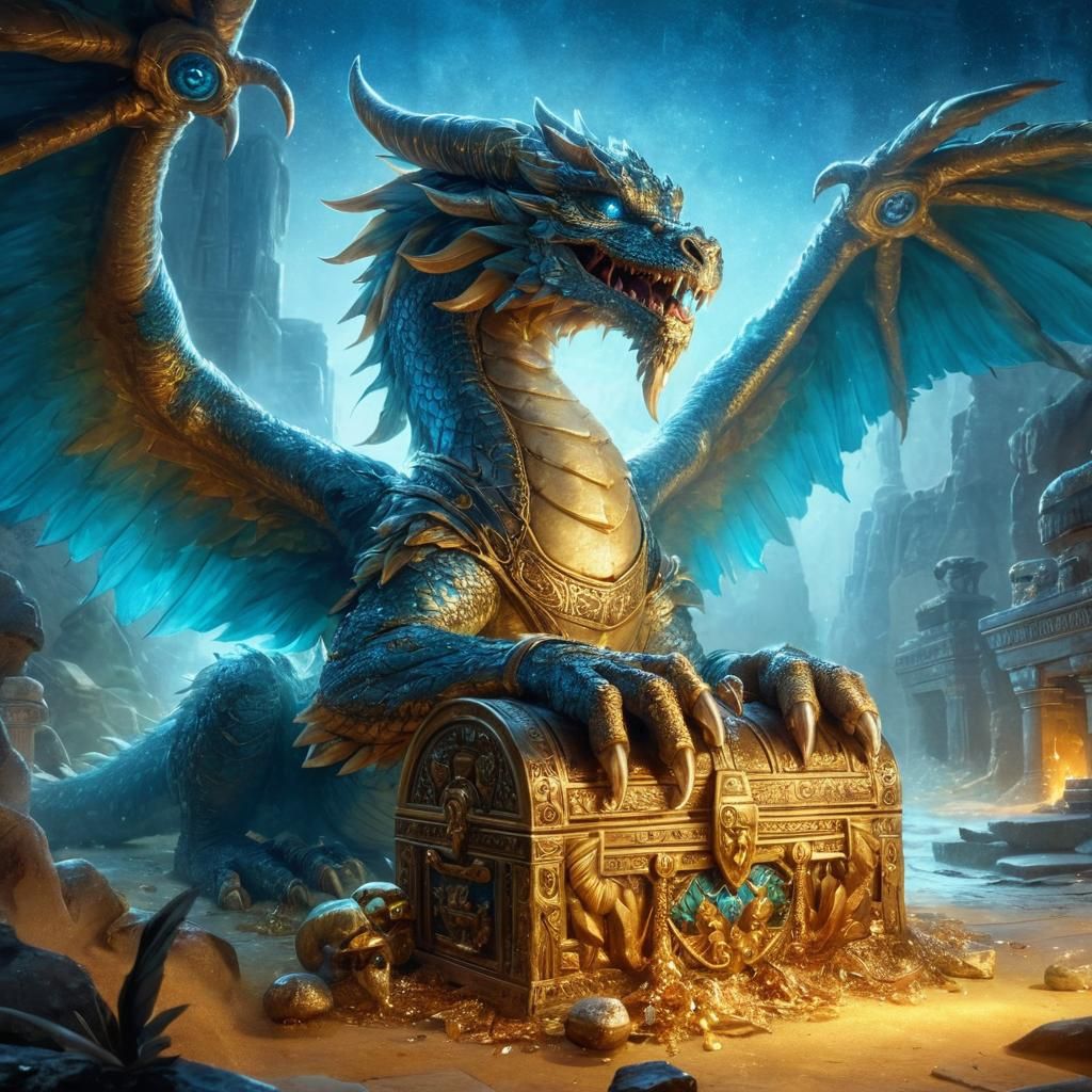 Feathered Dragon Guarding Golden Treasure in Temple