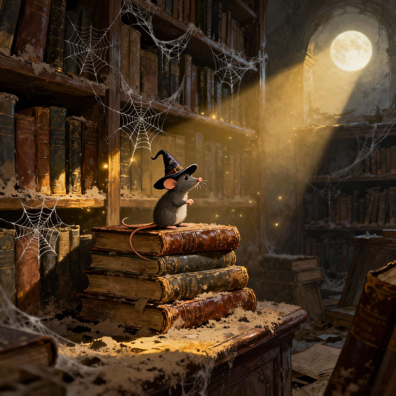Mouse Witch on Books in Dusty Library