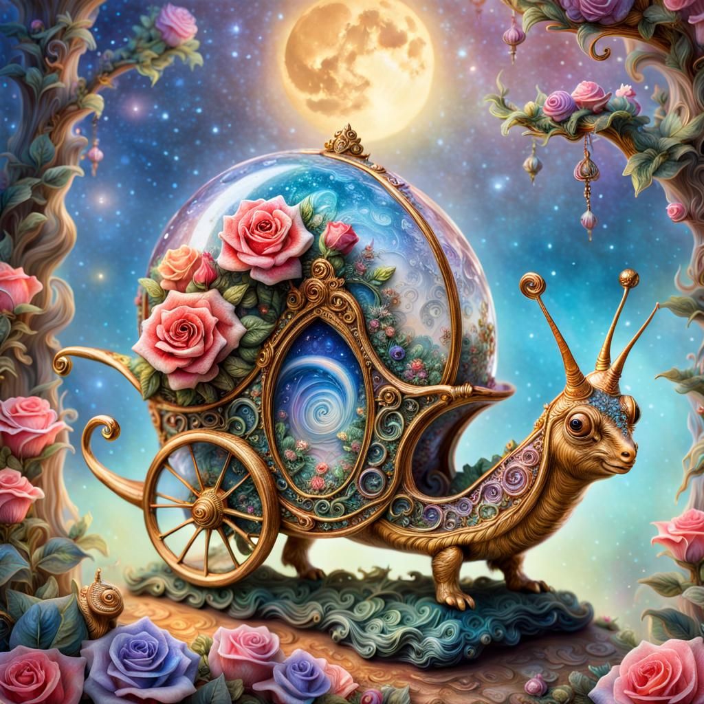 Crystal Snails Pulling Fairy Carriage in Rose Garden