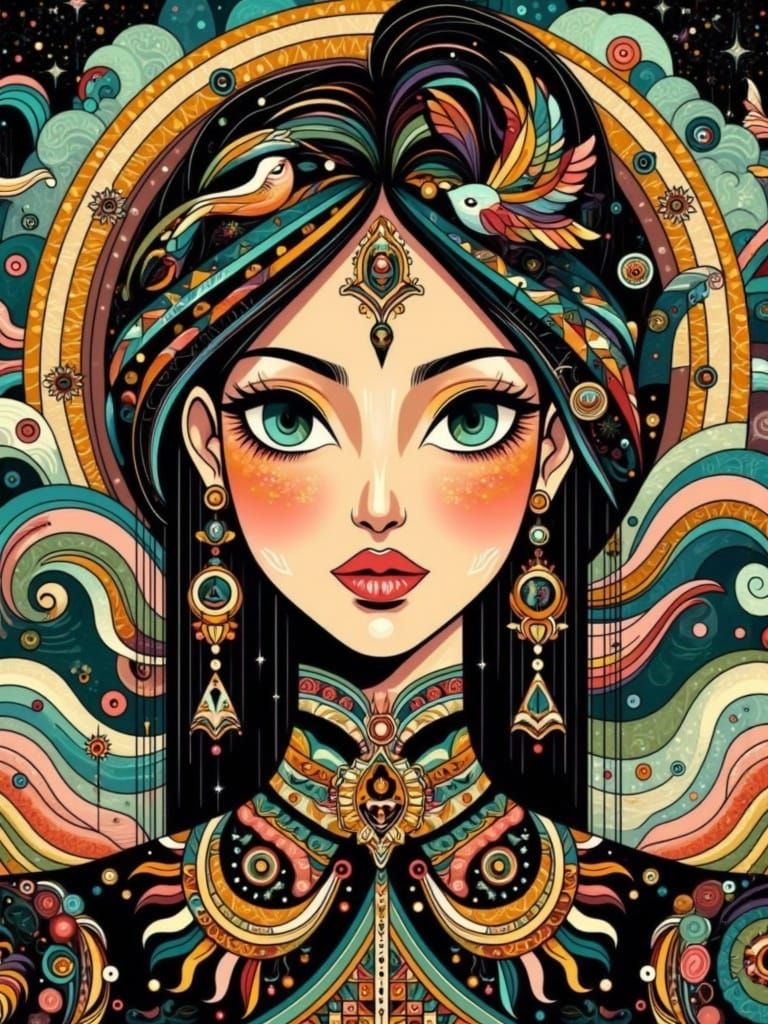 A captivating woman with piercing eyes and sharp facial features