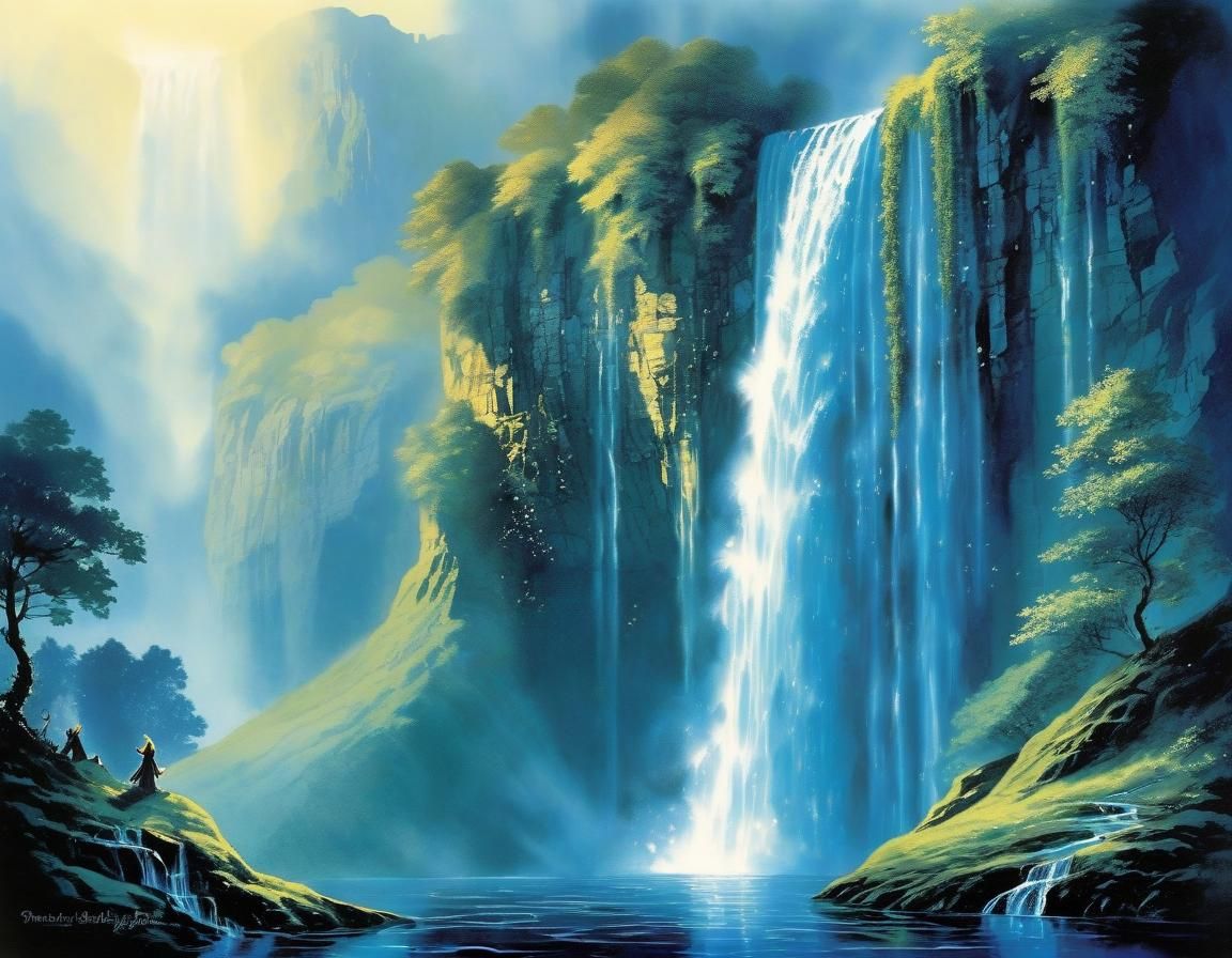 Sapphire Waterfall with Fairies in Shimmering Mist
