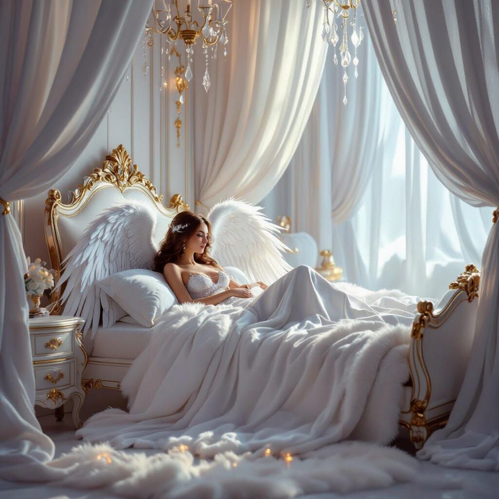 Angel in a Fantasy Bedroom with Ethereal Lighting