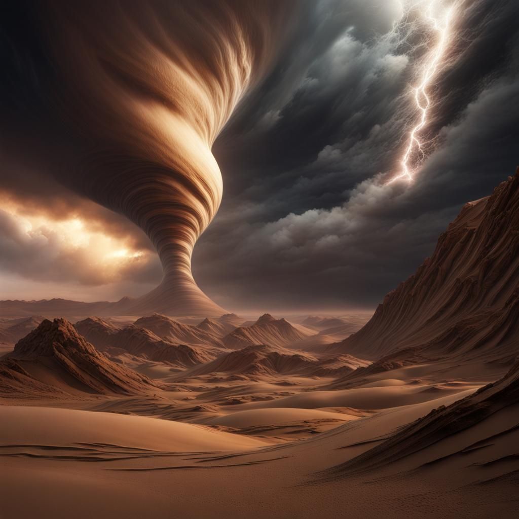 Hyperreal Night: Sand Tornado in Desert Canyon