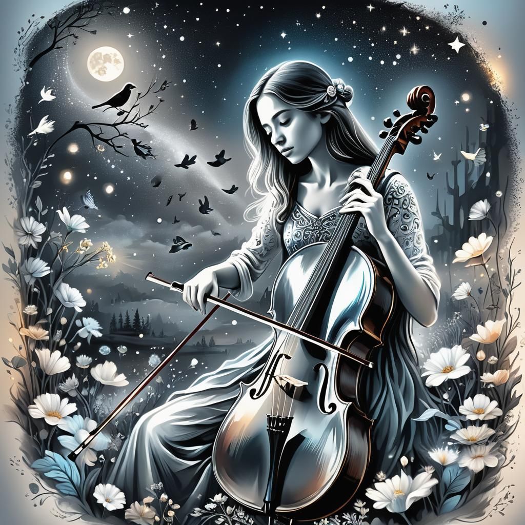 Woman Plays Cello Under Stars: Vector Art