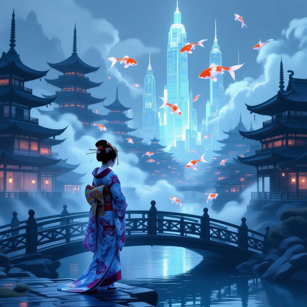 Geisha on Bridge Over Futuristic City