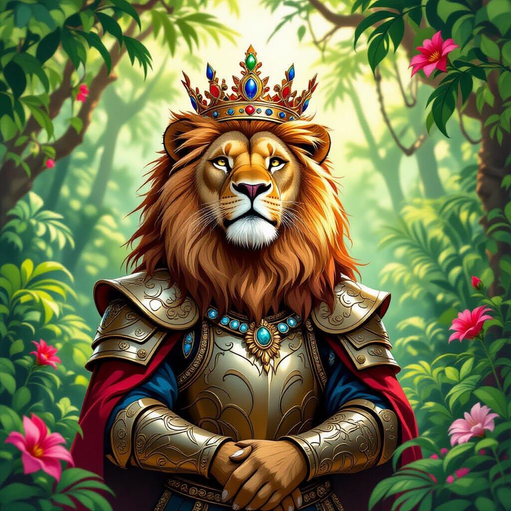 Majestic Lion King in Sun-Dappled Jungle Clearing