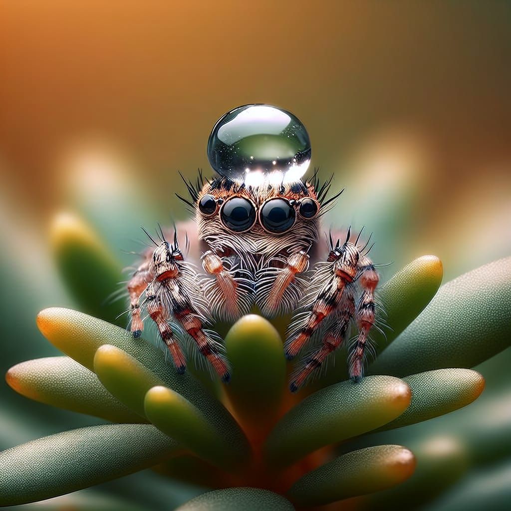 Adorable Jumping Spider with Water Droplet Hat