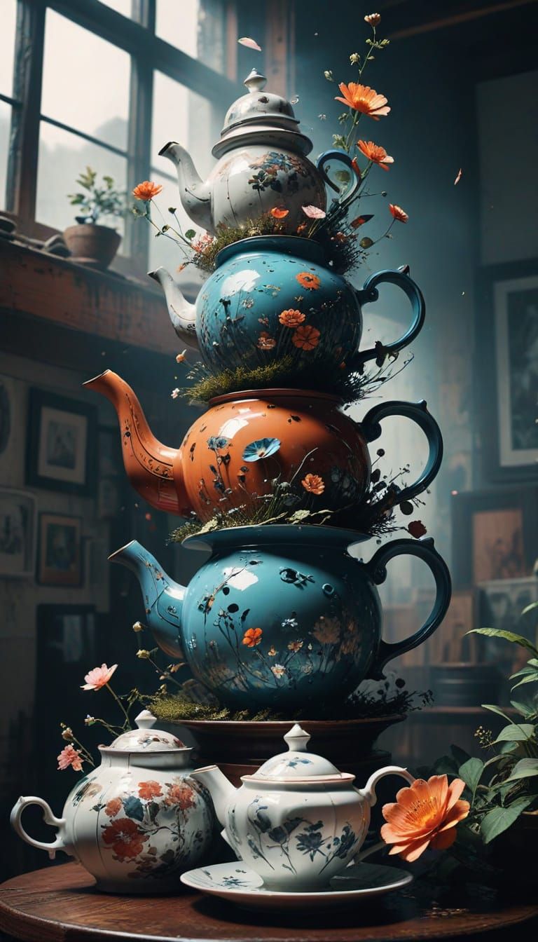 Whimsical Teapot Tower in Vibrant Manga Style