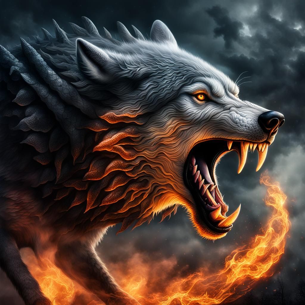 Dragon-Winged Wolf Howling on Foggy Night