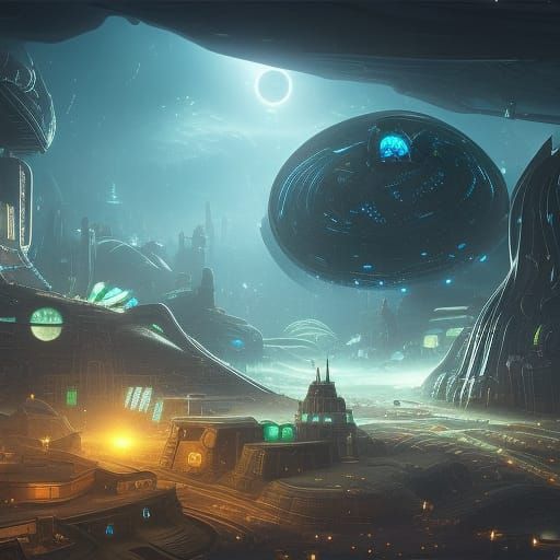 Futuristic Alien Town at Night: Digital Illustration