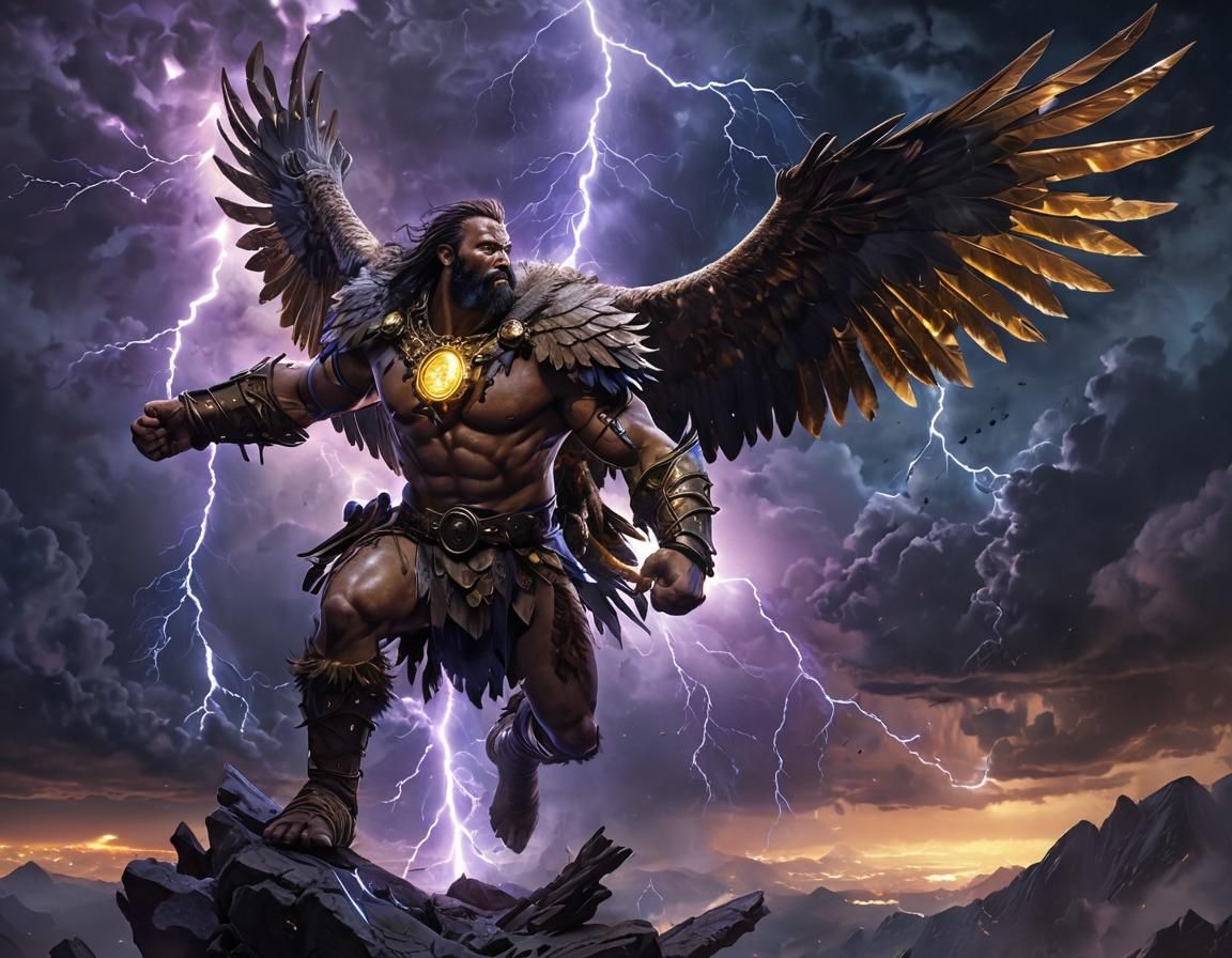 Barbarian on Eagle Soaring Through Stormy Sky