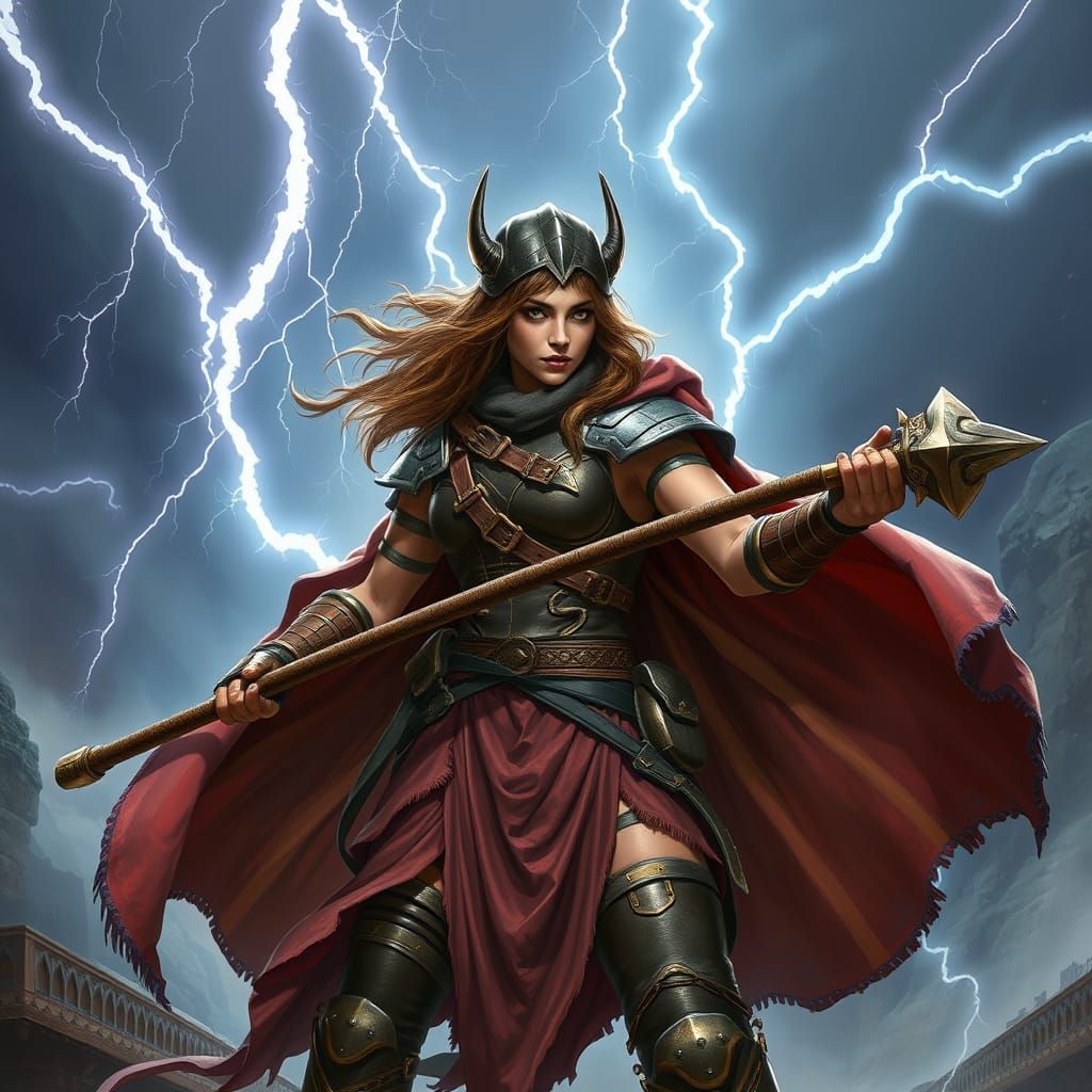 Futuristic Warrior Wields Staff of Travel Amidst Thunderstor...