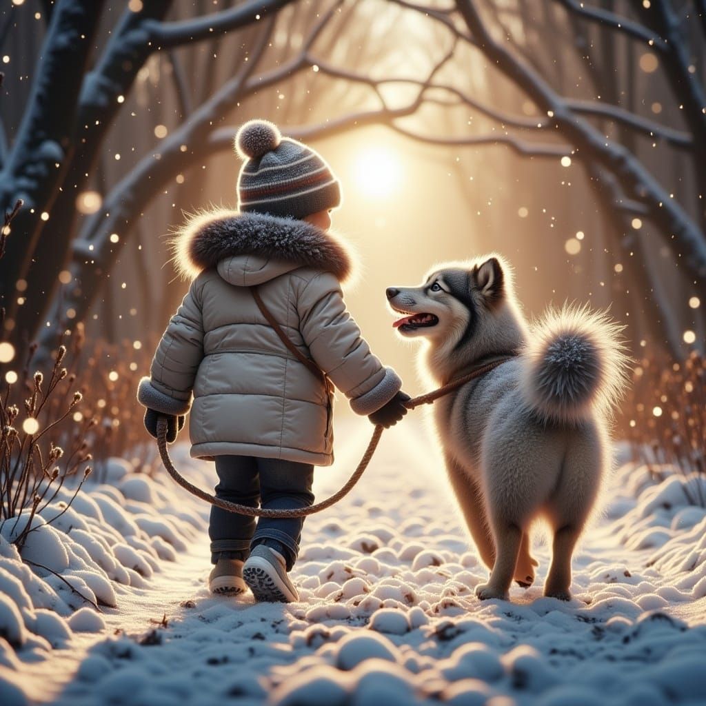 Winter Trail Scene with Child and Dog as Impressionist Art