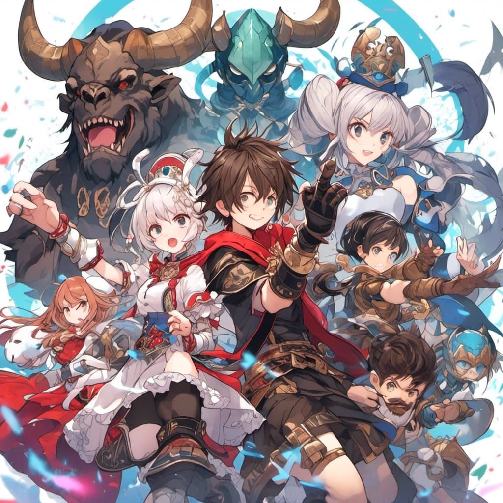 Anime Adventuring Party with Minotaur Gladiator and Robot Wi...