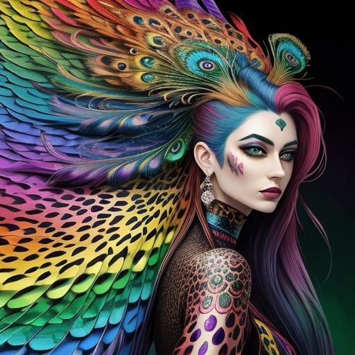 Colorful Dragon Scale Woman with Peacock Hair