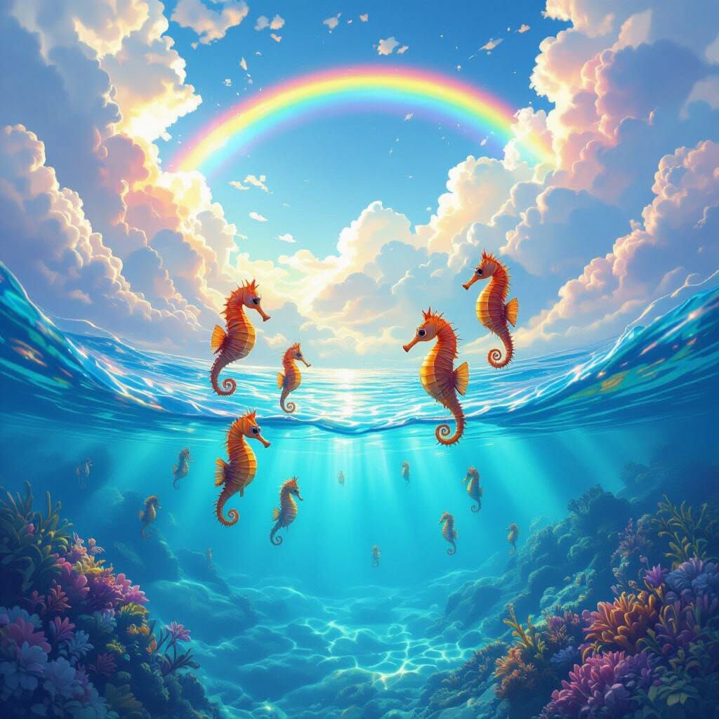Seahorses Swim Through Clouds Above Caribbean Sea With Rainb...