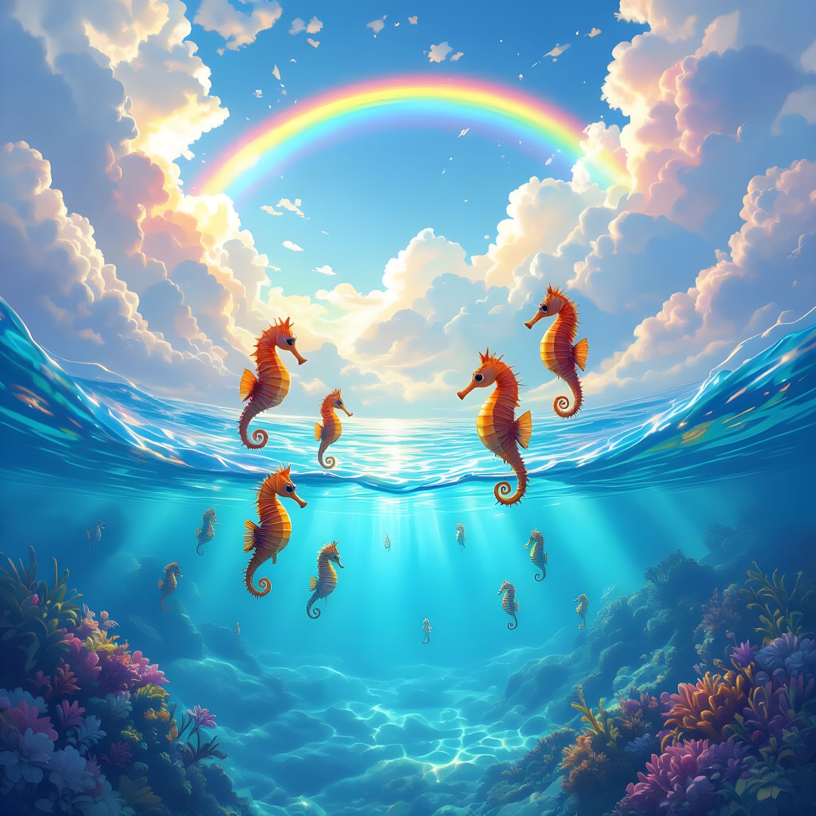 Seahorses Swim Through Clouds Above Caribbean Sea With Rainb...