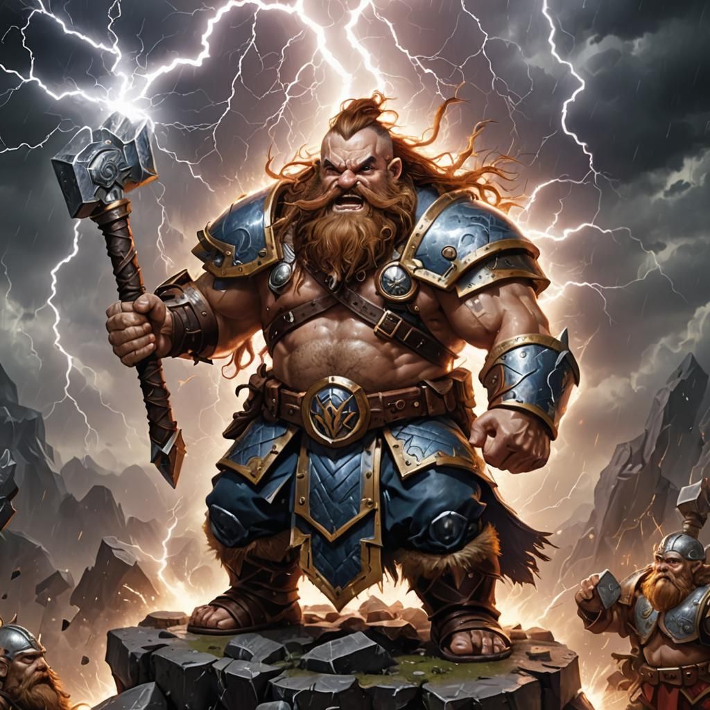 Dwarf barbarian cleric of storms surrounded by lightning hol...