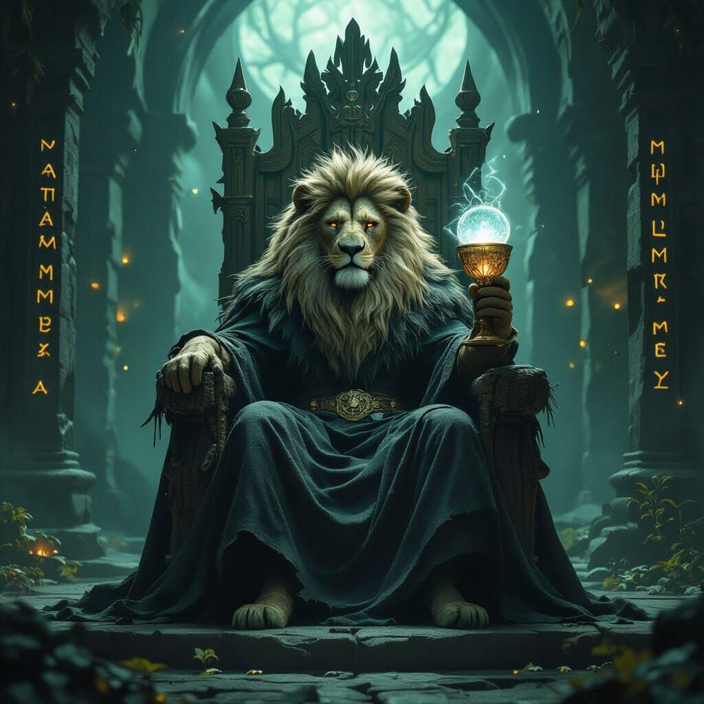 Majestic Lion King on Oak Throne with Moonlight Chalice