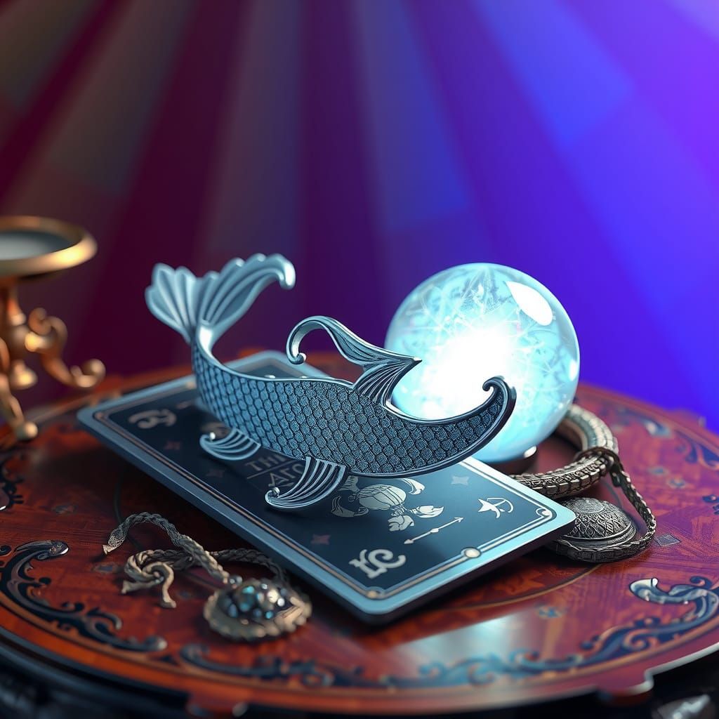 Pisces Zodiac sign on a tarot card lying on a table  next to...