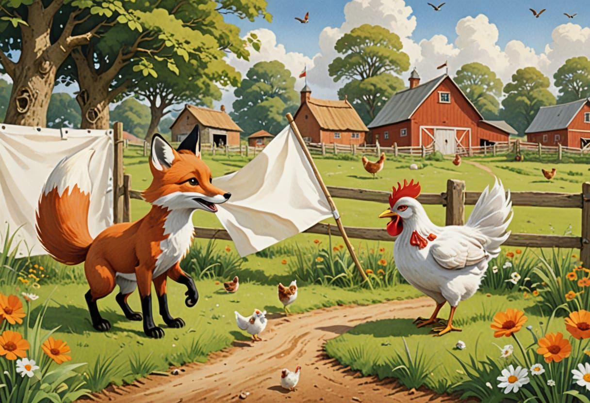 Fox and Hen Make Peace in Farmyard Children's Book Illustrat...