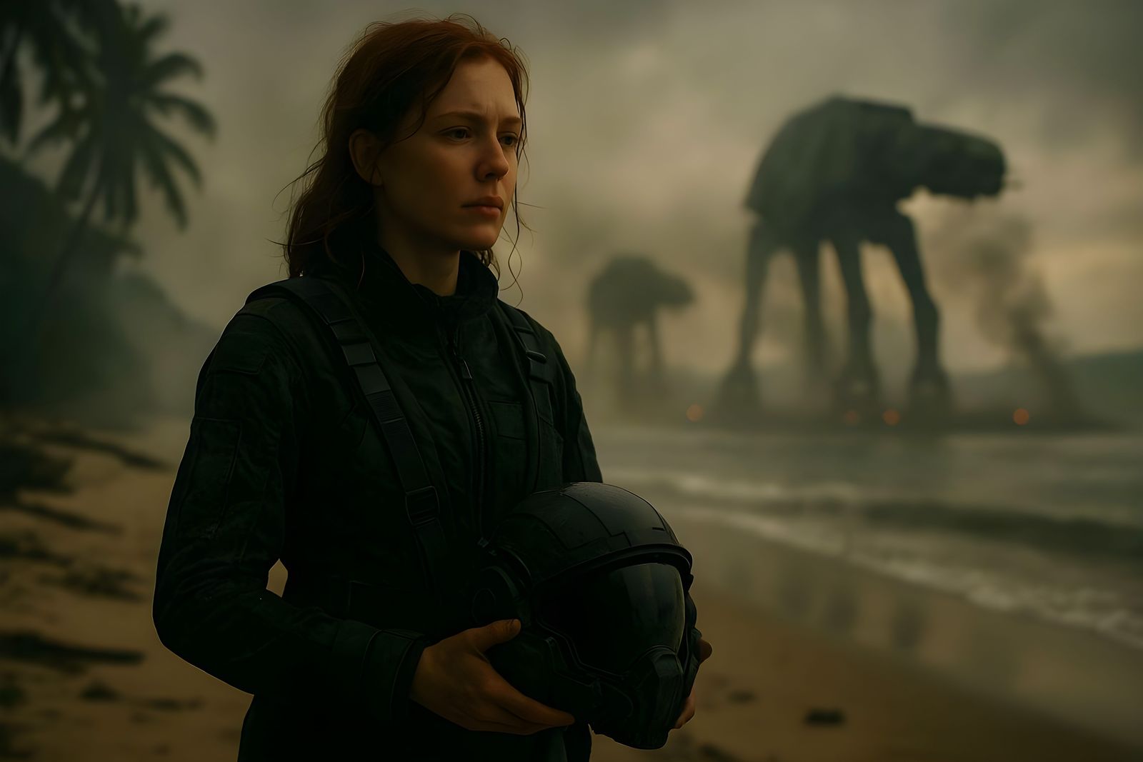 Futuristic Pilot on Tropical Beach Aftermath